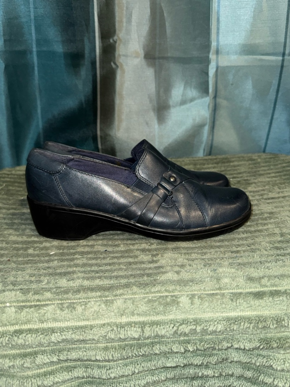 Clarks Navy Leather Slip-On Loafers with Low Heel